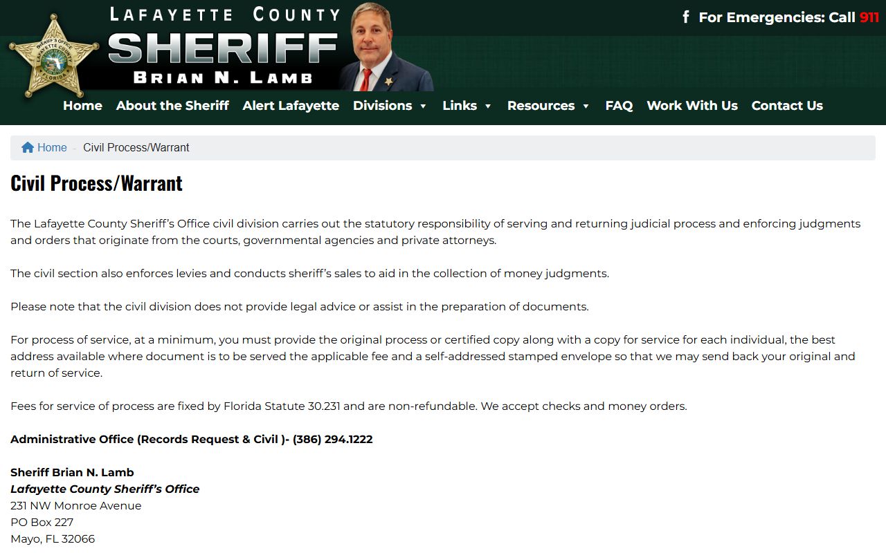 Lafayette County Sheriff civil process and warrant page showing no online warrant roster after an arrest