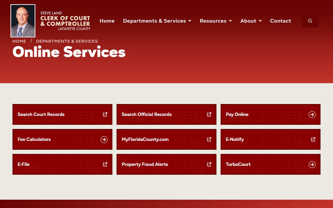 Lafayette County Clerk online services page linking the court records search after an arrest