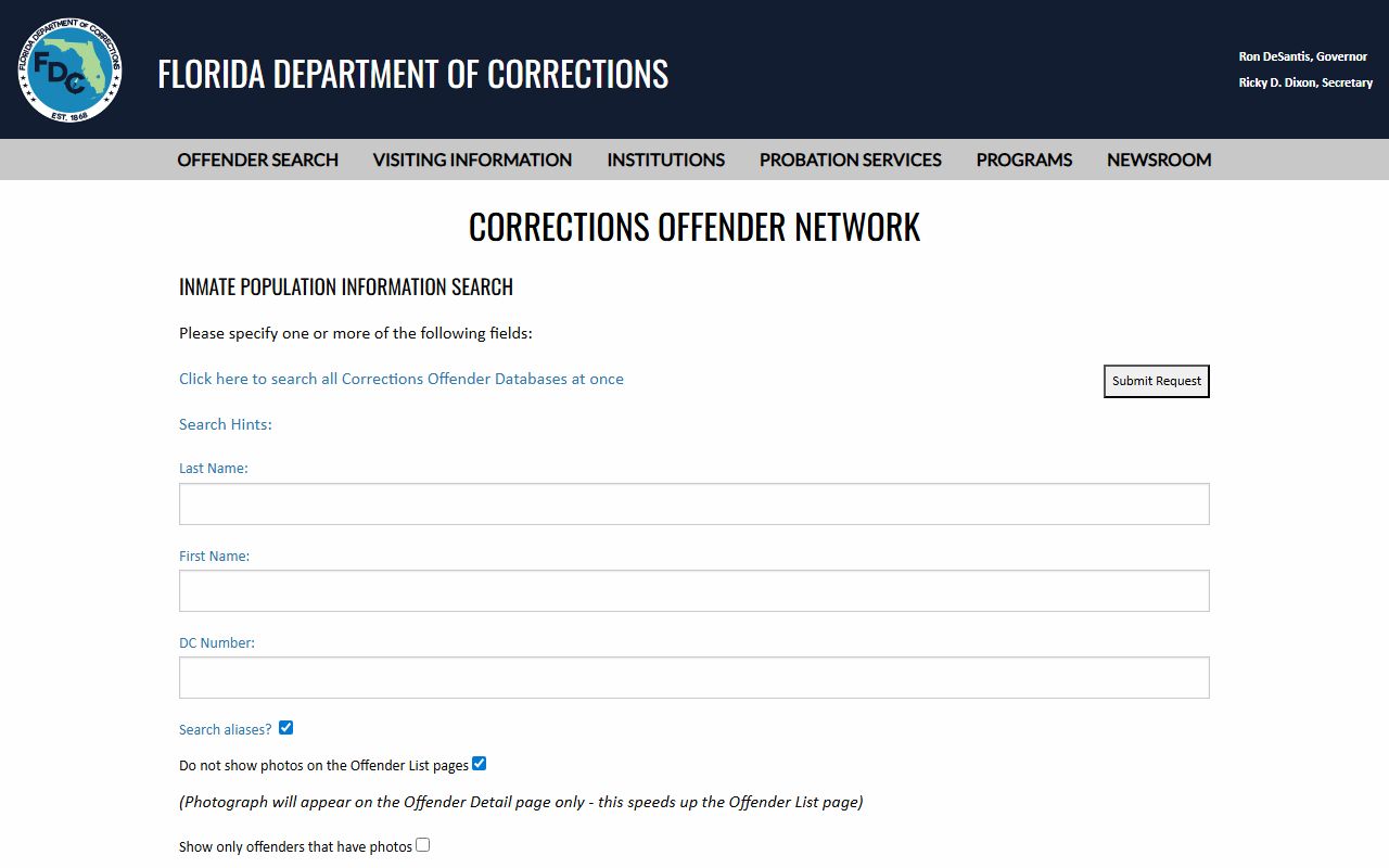 Florida DOC inmate population search form used to look up the sentenced inmate population from Lafayette County