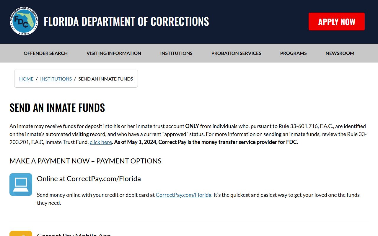 Florida DOC send an inmate funds page covering money deposits for Mayo Correctional Institution Annex