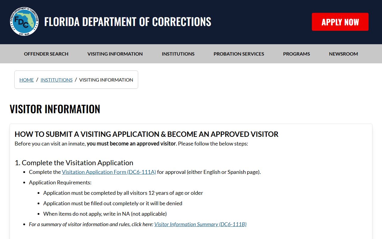Florida DOC prison visiting information page that governs Mayo Correctional Institution Annex visitation