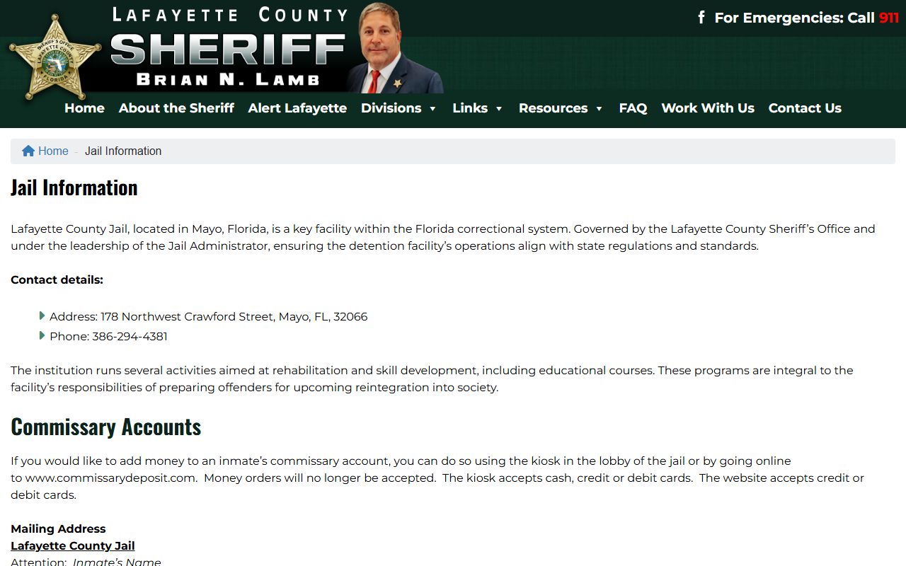Lafayette County Jail information page showing the jail address and inmate population contact details
