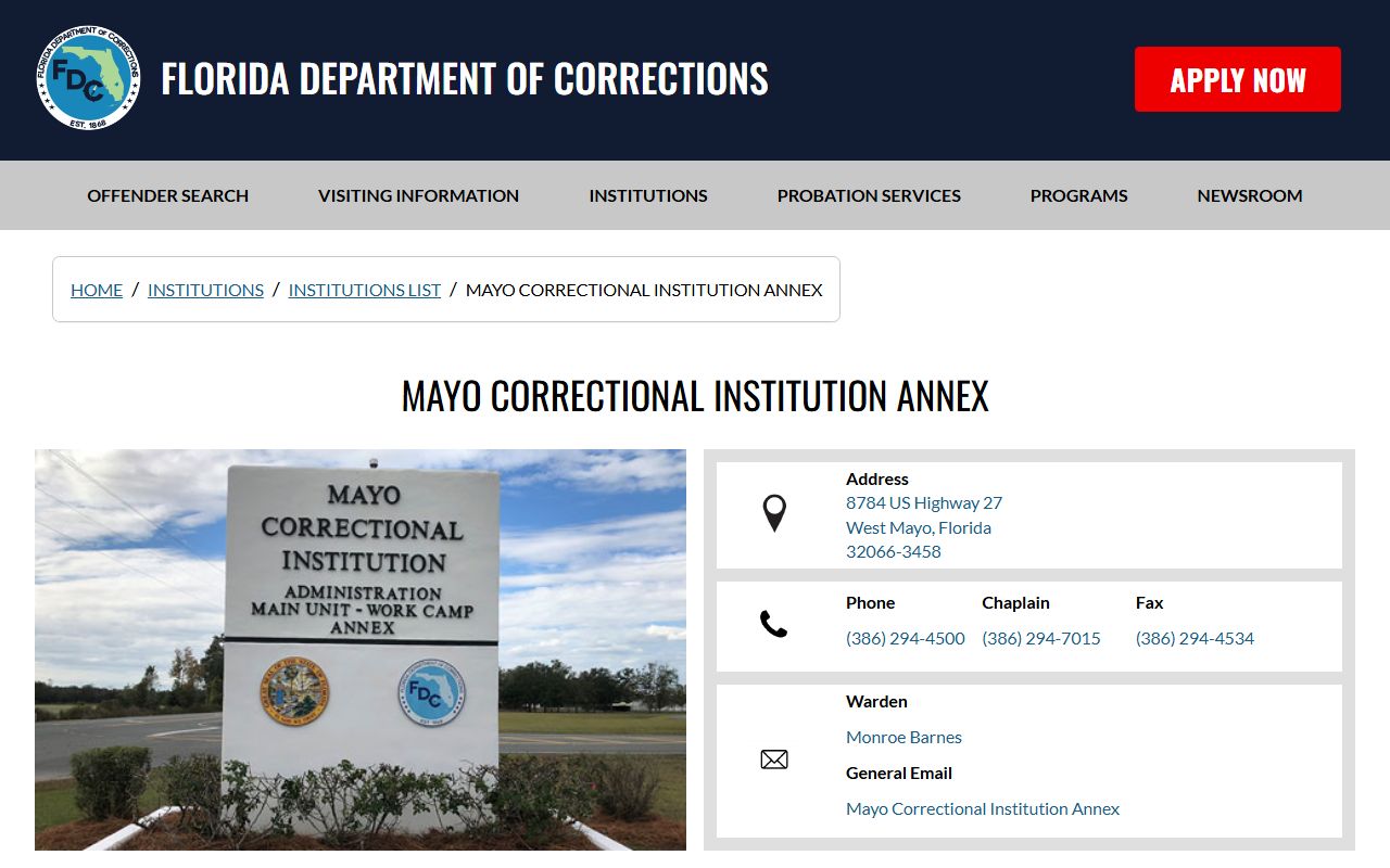 Florida DOC Mayo Correctional Institution Annex facility page with address, capacity, and program detail