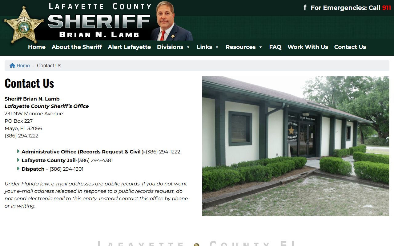 Lafayette County Sheriff contact page listing the jail, records, and dispatch numbers for the inmate population