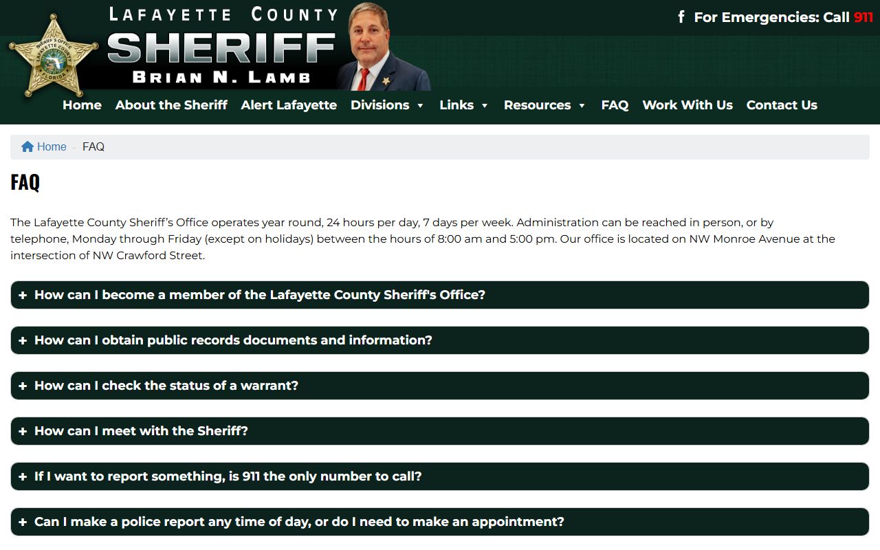Lafayette County Sheriff FAQ describing how to check the jail inmate population and run a warrant check