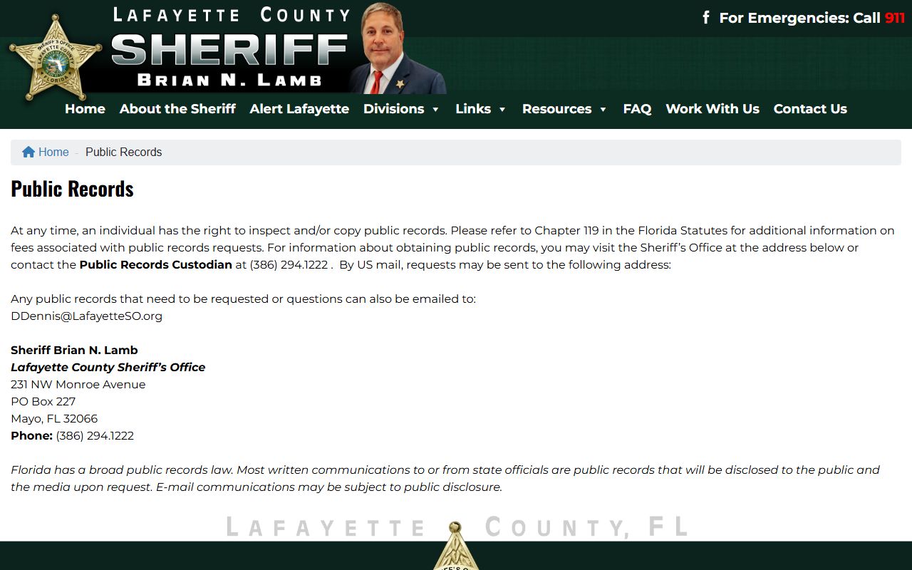 Lafayette County Sheriff public records page used to request Lafayette County jail mugshots and booking records